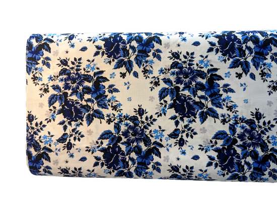 White and Navy Floral - By The Bolt - Woven Fabric