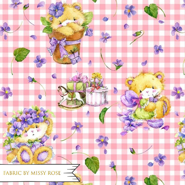 Pink Plaid Floral Bear - French Terry Fabric