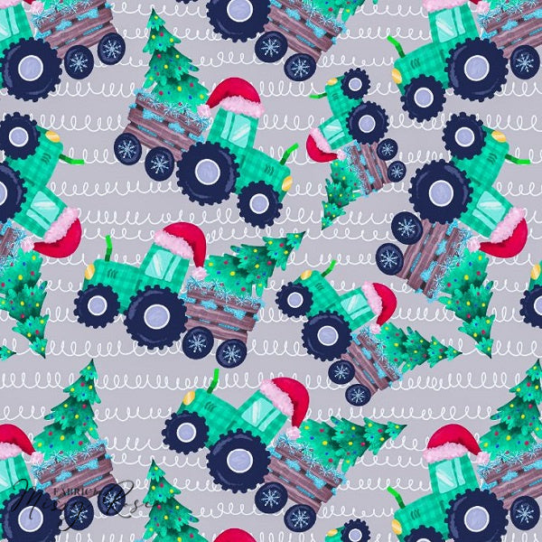 Grey Christmas Tractor - Woven Fabric