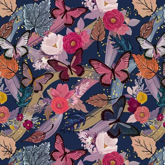 Navy Floral Butterfly - Woven Fabric