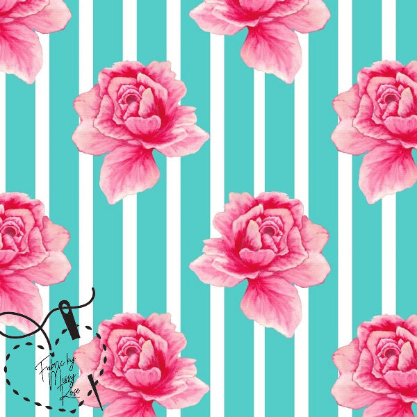 Aqua Pink Striped Floral - French Terry Fabric