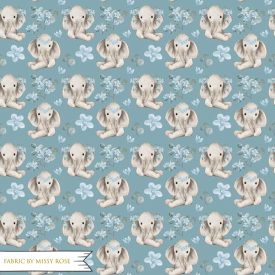 Teal Floral Elephant - French Terry Fabric