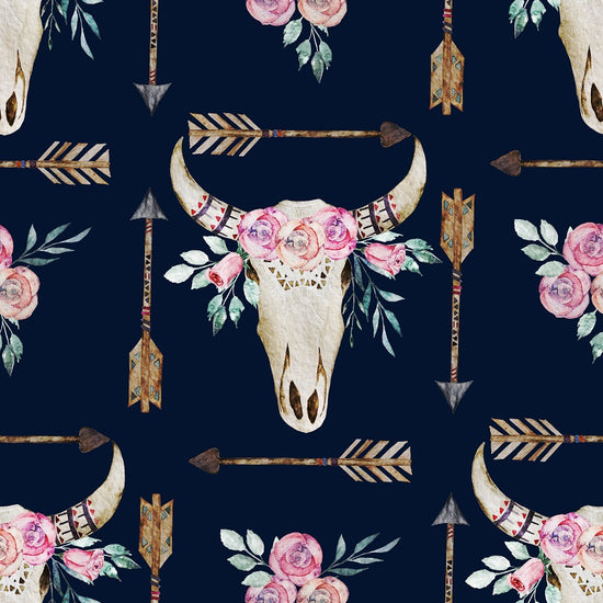 Navy Cowskull - Double Brushed Polyester Fabric